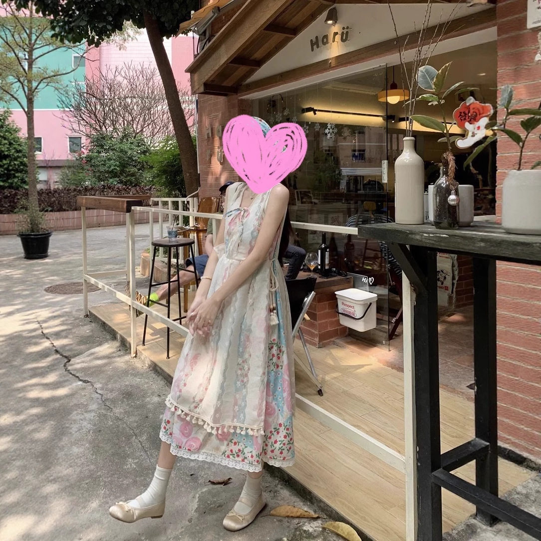 夏季海边度假碎花吊带裙两件套