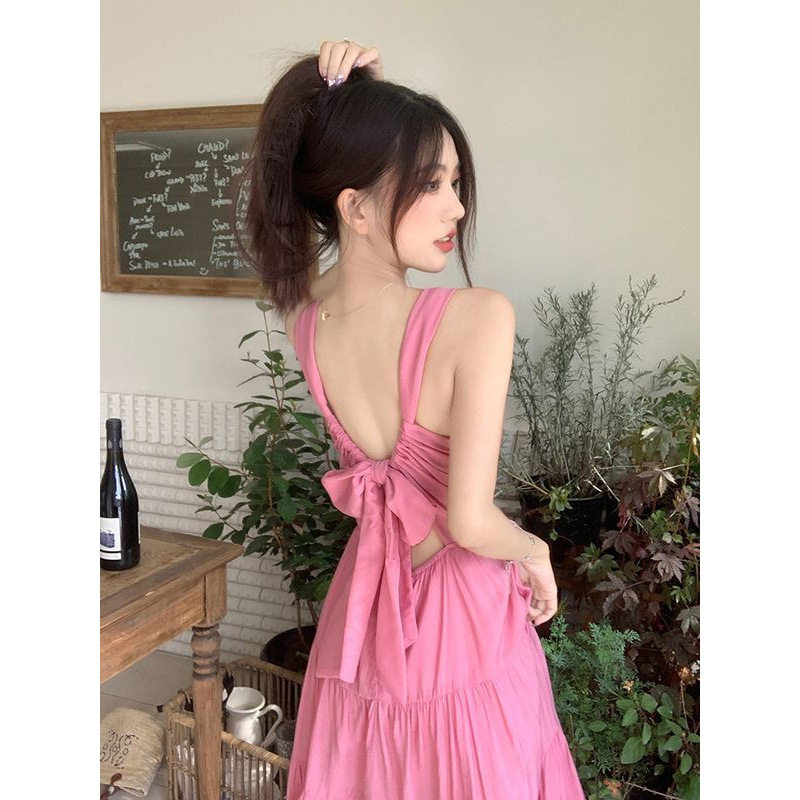 夏季纯欲甜美露背蝴蝶结连衣裙
