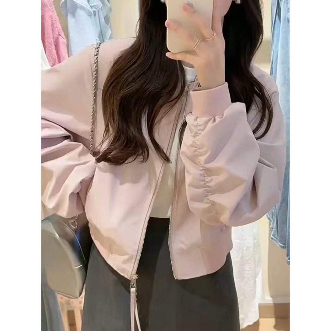 美式浅粉色短款棒球外套女百搭