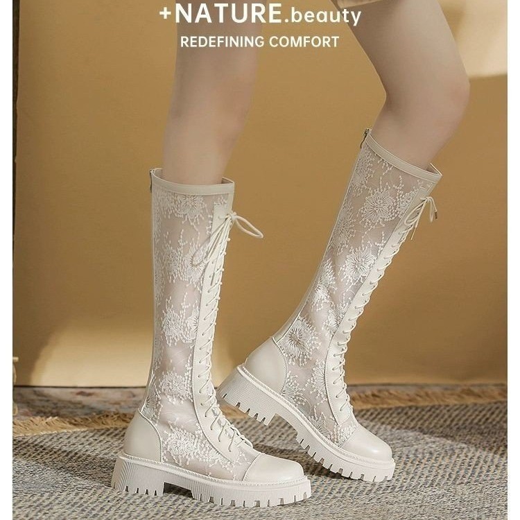 夏季薄款镂空白色长筒凉靴女