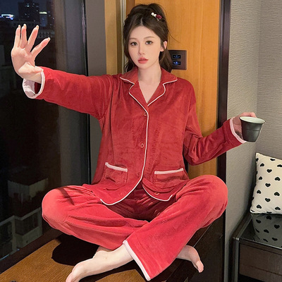 海岛绒睡衣女秋冬季款纯色加绒加厚长袖保暖套装冬天珊瑚绒家居服