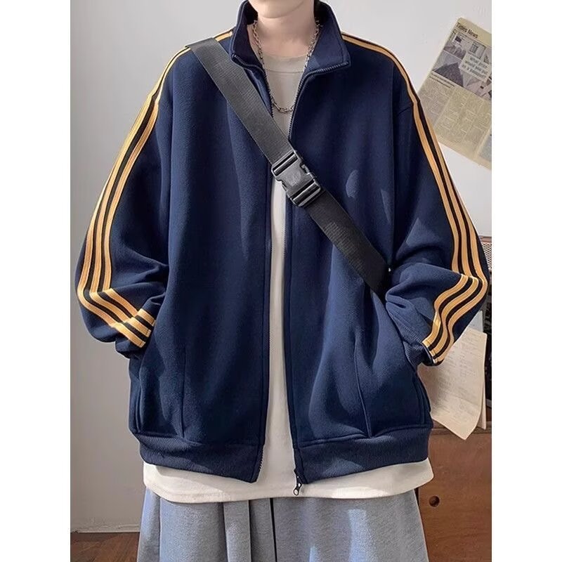 秋季美式条纹三杠立领棒球夹克男
