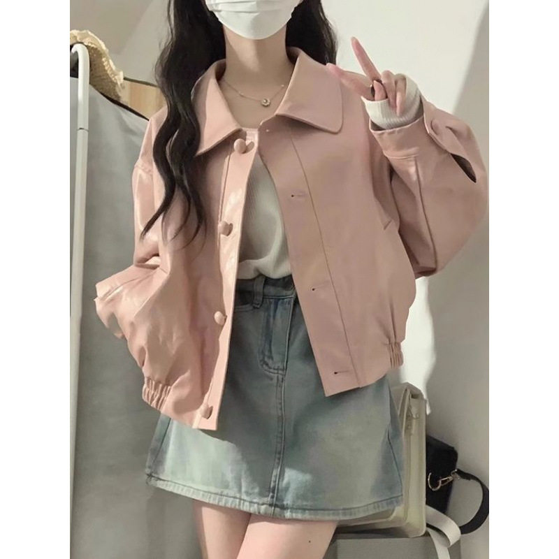 粉色翻领短款PU皮皮衣外套女