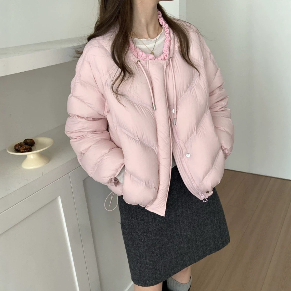 2026冬季新款90白鸭绒甜美木耳边绗缝抽绳宽松短款保暖羽绒服外套