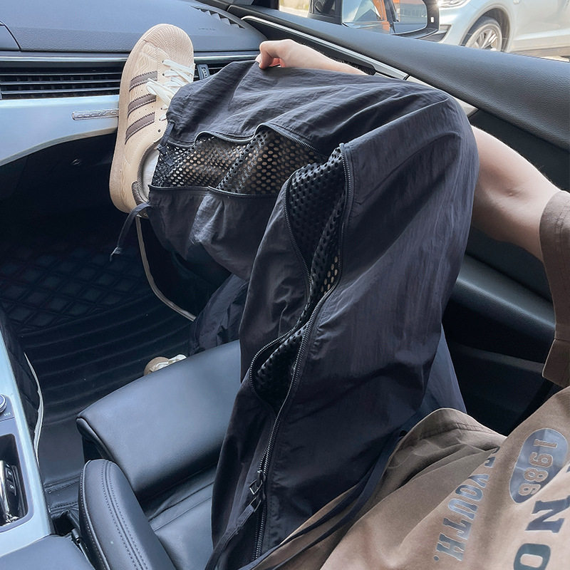 夏季薄款拉链网格直筒休闲裤男