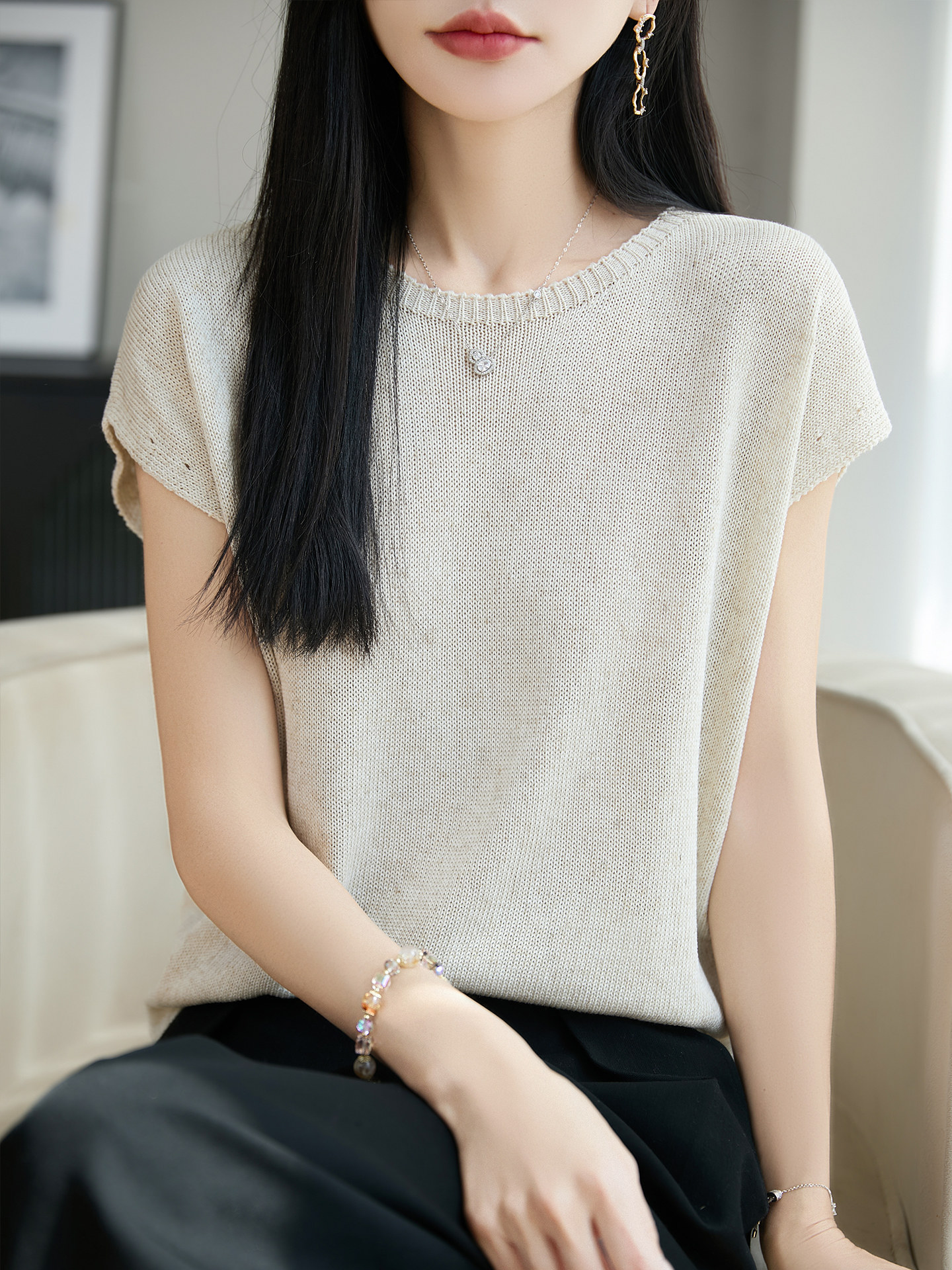「天丝亚麻凉感针织短袖t恤女夏季新款圆领宽松透气薄款上衣内搭