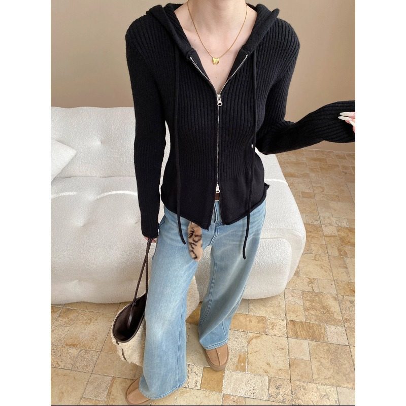 丽光 纸片人穿搭 设计感双拉链修身显瘦连帽针织开衫毛衣 SN8400