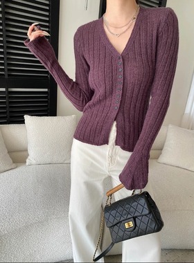 丽光早春新款 零压感亲肤显瘦V领坑条肌理喇叭袖针织衫 SN8546