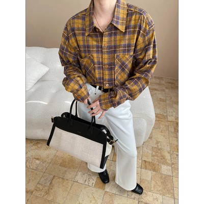 丽光 设计感双口袋 复古慵懒风撞色格纹翻领宽松长袖衬衫 SN8279