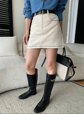 丽光早春新款 法式复古重工刺绣高腰显瘦A字灯芯绒短裙 SN8567