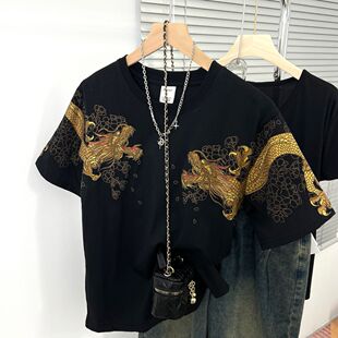 特大码 国风金龙银龙印花短袖 T恤男女夏季 情侣休闲上衣 300斤新中式