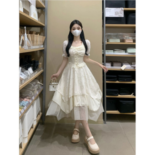 微胖mm收腰显瘦气质高级感短袖 杏色不规则茶歇连衣裙女新款 裙子