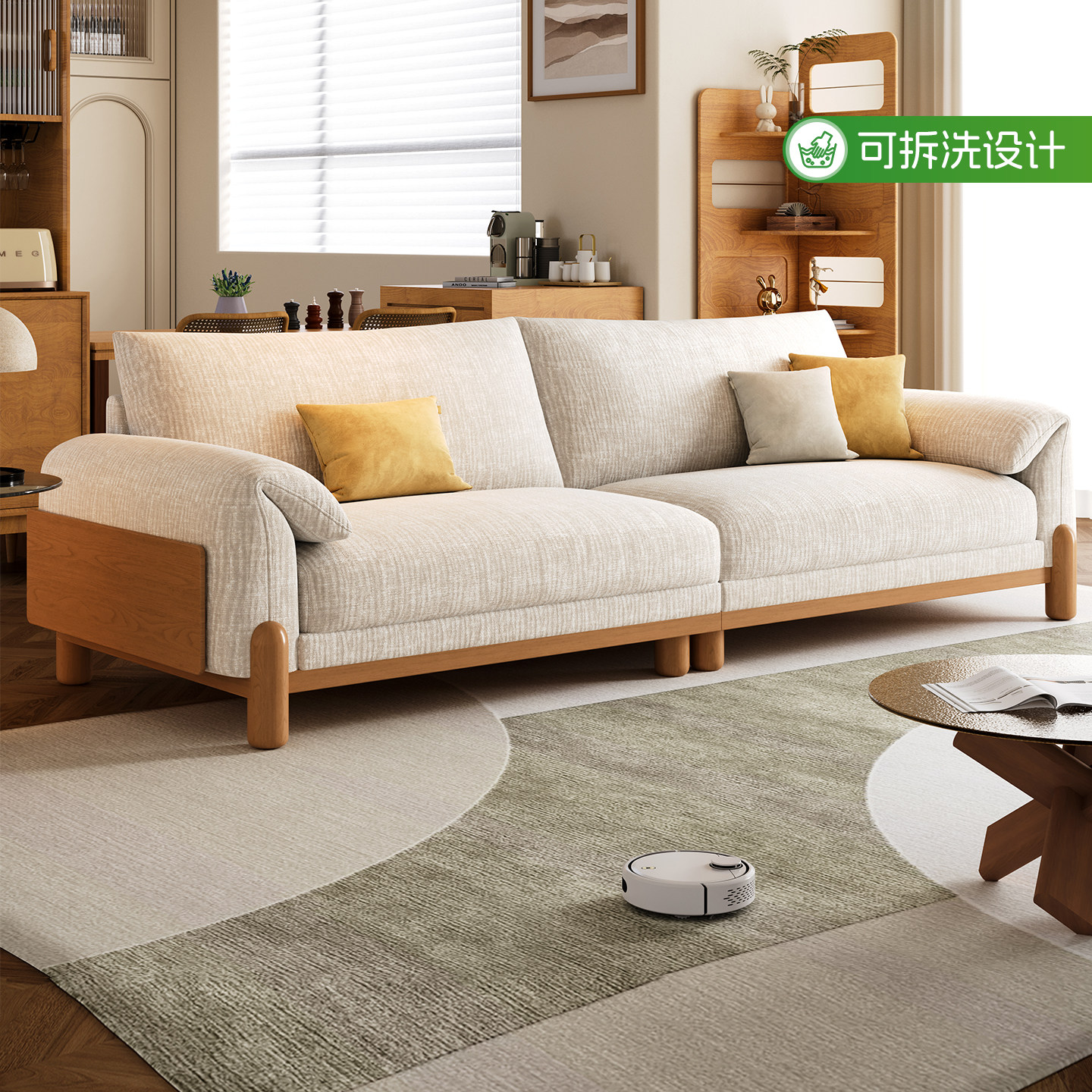 原木风实木布艺沙发日式白蜡木小户型客厅豆腐块奶油风沙发可拆洗