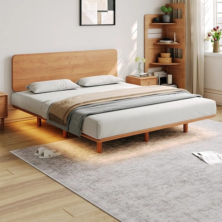 樱桃木实木床大小户型主次卧双人现代简约新款悬浮齐边双人床婚床