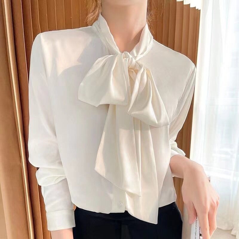 高端正品桑蚕丝衬衫女上衣长袖春秋蝴蝶结飘带高级感真丝职业衬衣