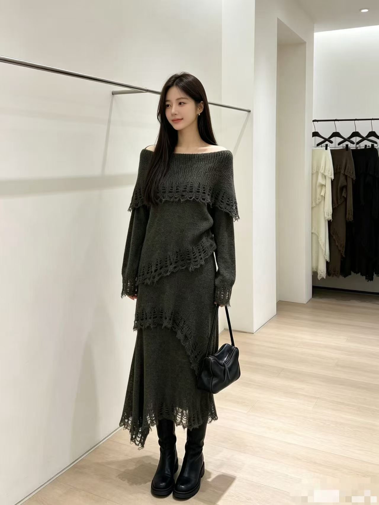 2026年新款法式气质别致仙女风一字领毛衣显瘦初秋套装裙