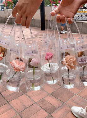 PVC手提袋子校园摆摊小红书同款杯花咖啡杯一次性pet饮品杯奶茶杯