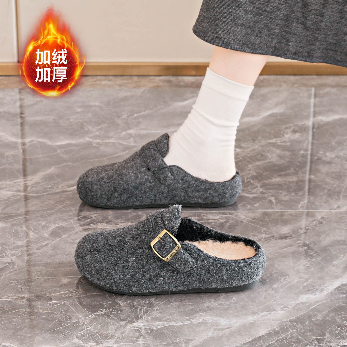 加绒勃肯鞋女一脚蹬外穿棉拖鞋
