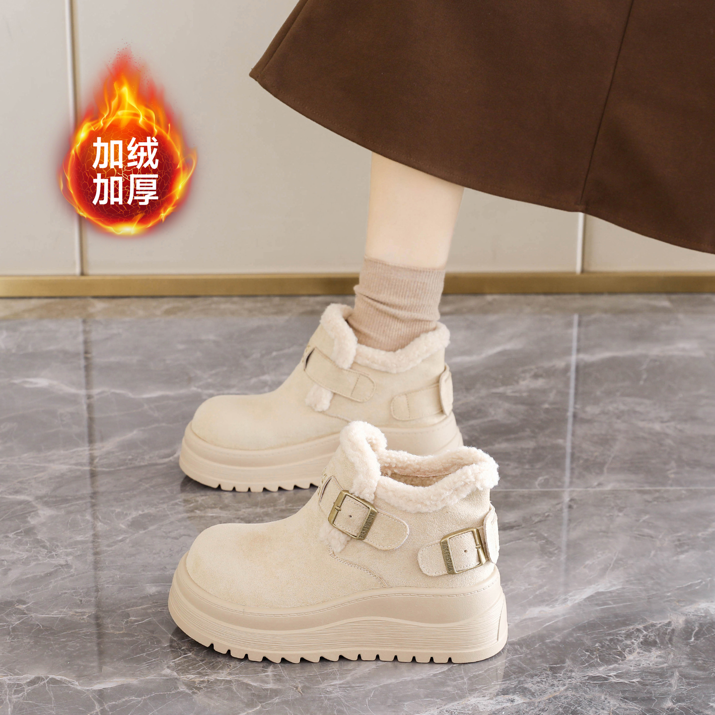 圆头皮毛一体雪地靴女款加绒加厚
