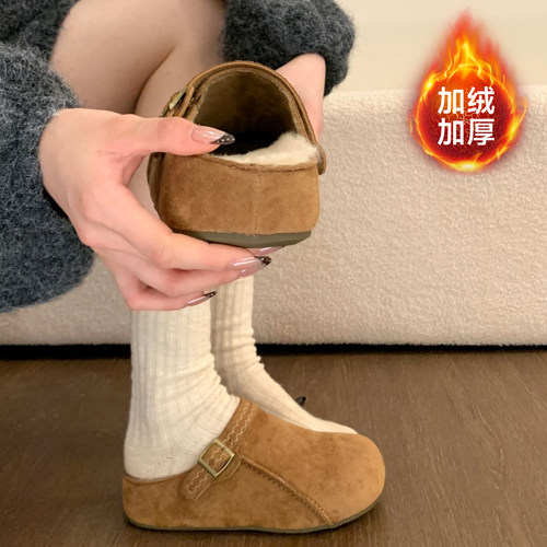 加绒半拖包头勃肯鞋女外穿毛毛鞋