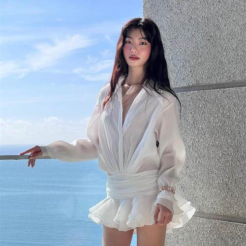 summer rose法式荷叶边Datt白色衬衫连衣裙2025高级设计感辣妹裙