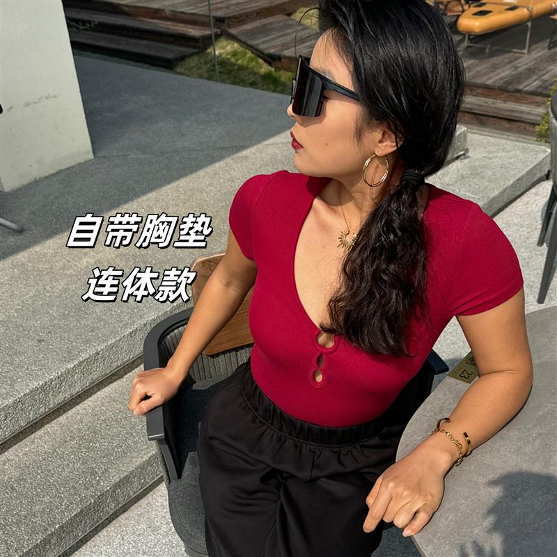 拿铁女孩辣妹性感塑形内衣深V短袖T恤圆环镂空打底衣塑身连体衣