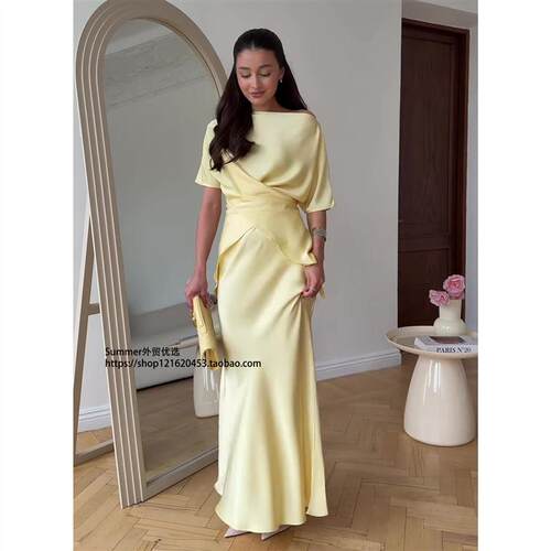 欧美短袖系带上衣丝滑舒适半身裙长裙两件套 Silk long skirt set