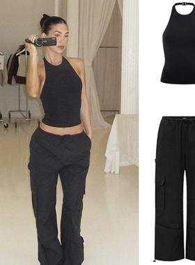 CSB 黑色挂脖运动背心带胸垫 低腰口袋工装裤宽松阔腿拖地长裤