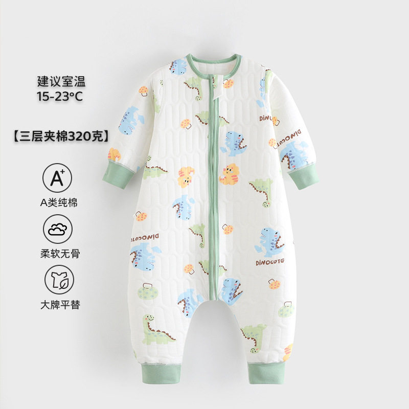 儿童三层夹棉睡袋春秋防踢被宝宝保暖连体衣爬服秋冬中小童睡衣