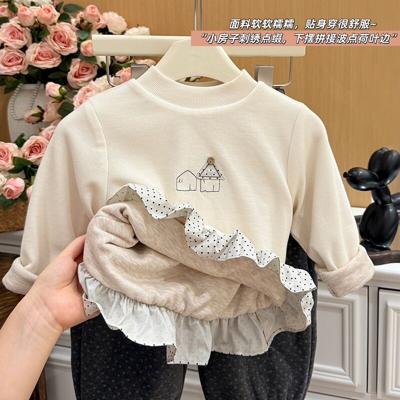 女童新款秋冬季满印波点花边打底衣女宝宝洋气时尚儿童休闲童装潮