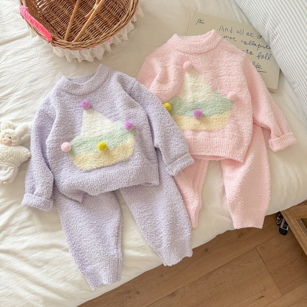2-6岁秋冬款女童半边绒家居服套装毛球卡通睡衣儿童加厚两件套