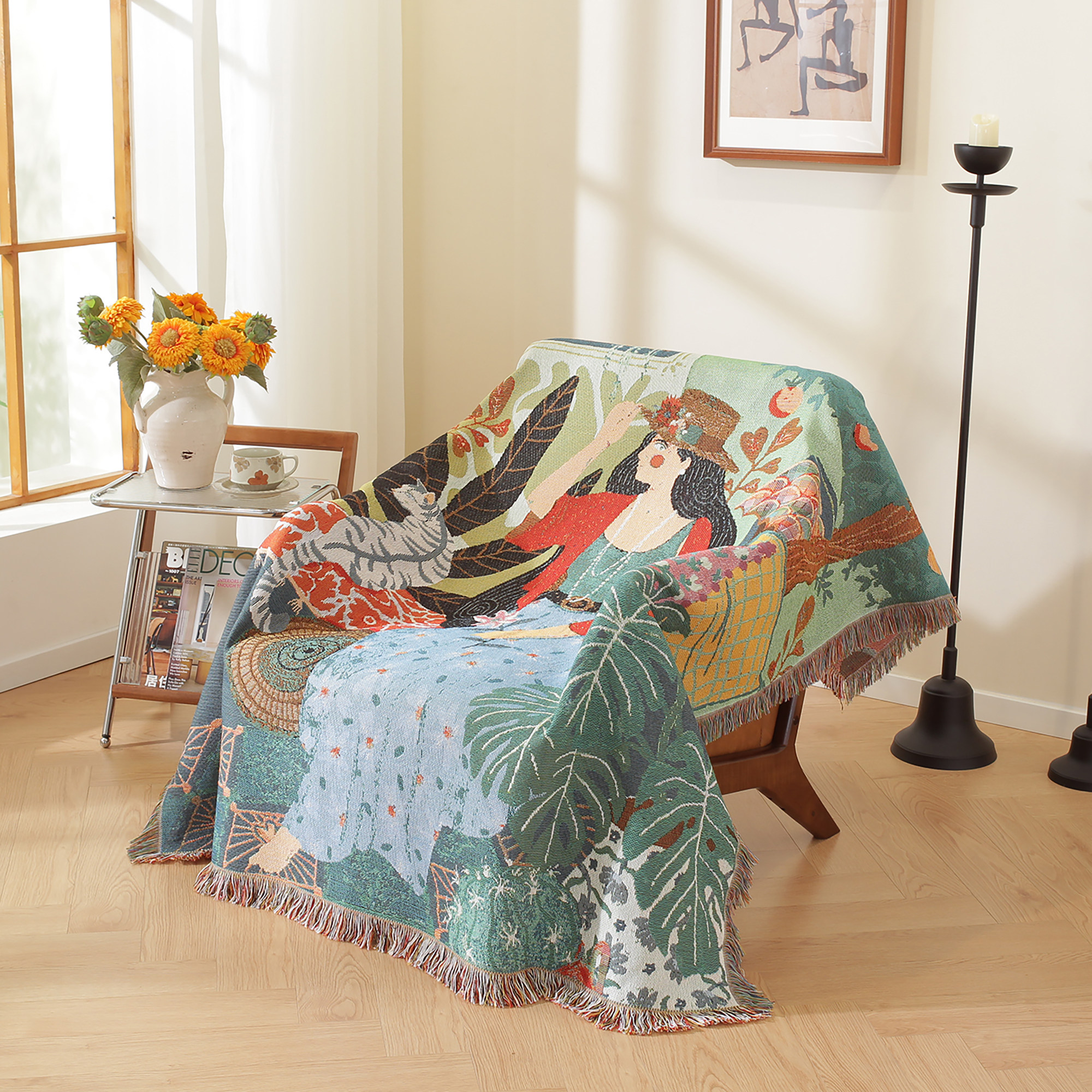 美式乡村田园风高级感单人沙发巾沙发毯防尘布装饰布露营毯午睡毯