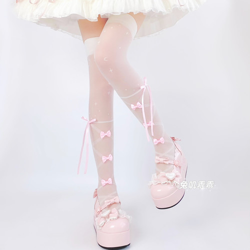 原创lolita奶白过膝袜甜美芭蕾风蕾丝蝴蝶结长筒袜配女儿服洛丽塔