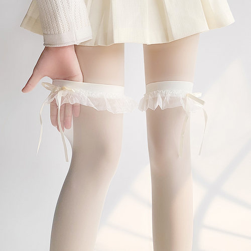 过膝袜甜美蝴蝶结蕾丝花边小腿袜