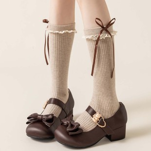 秋冬保暖lolita花边小腿袜女可爱蝴蝶结堆堆袜咖色搭配抱抱熊袜子