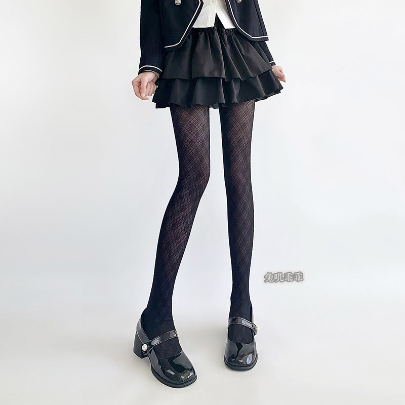 黑色性感丝袜薄款斜纹菱形格子连裤袜子女透肉防勾丝jk黑丝渔网袜