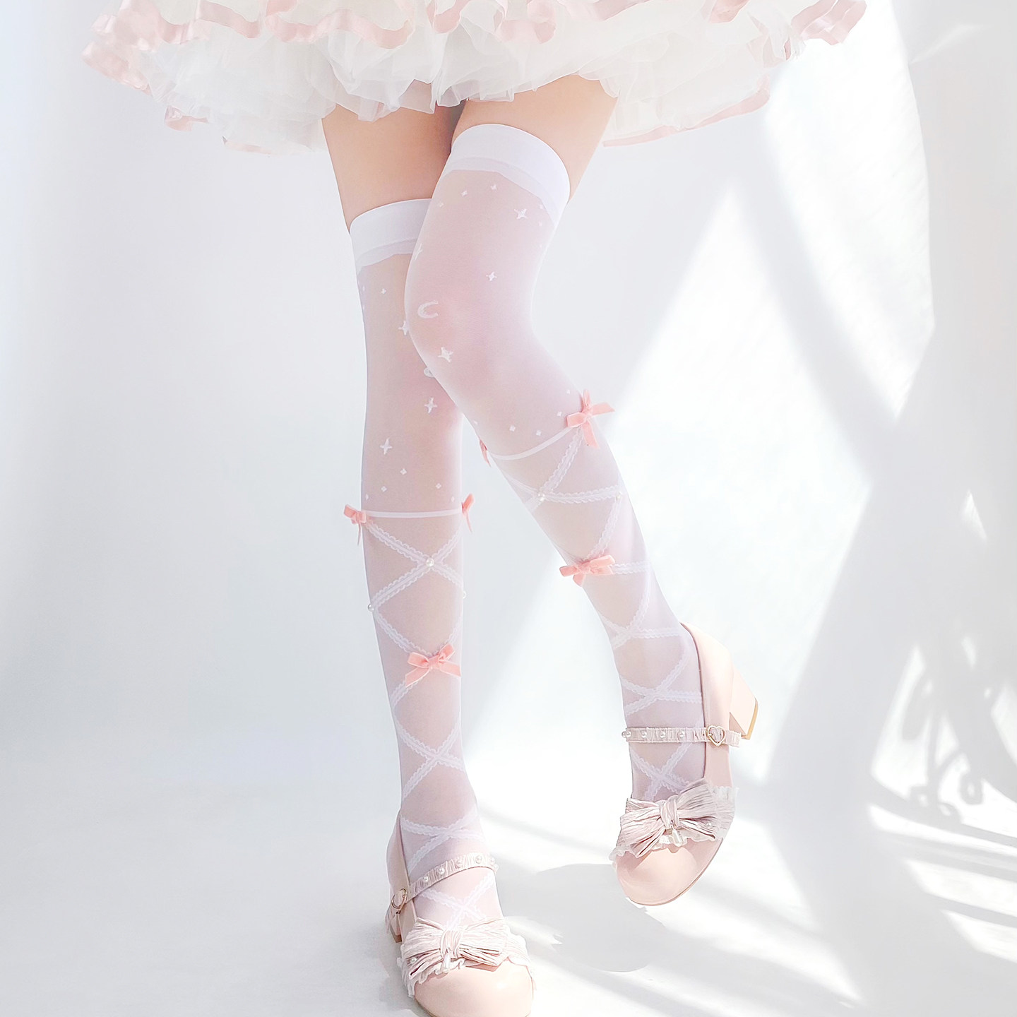 lolita蝴蝶结白色过膝袜芭蕾风长筒袜女夏季薄款洛丽塔纯欲白丝袜