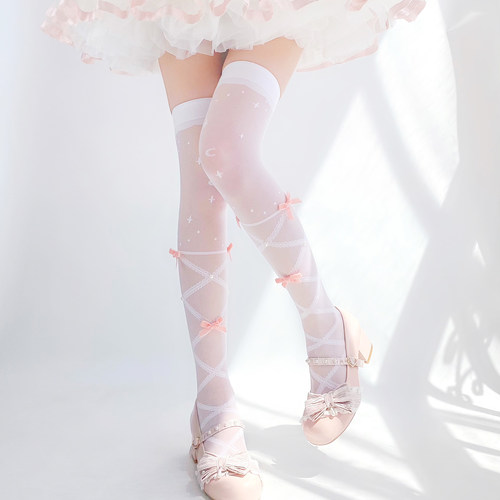 lolita甜美蝴蝶结绑带提花过膝袜