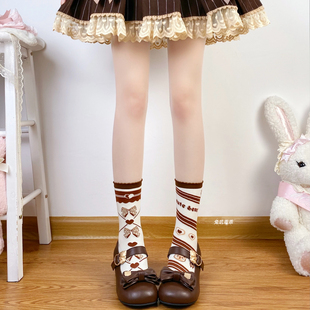 lolita棕色蝴蝶结中筒袜焦糖咖啡色堆堆袜子女配提拉米苏复古棉袜