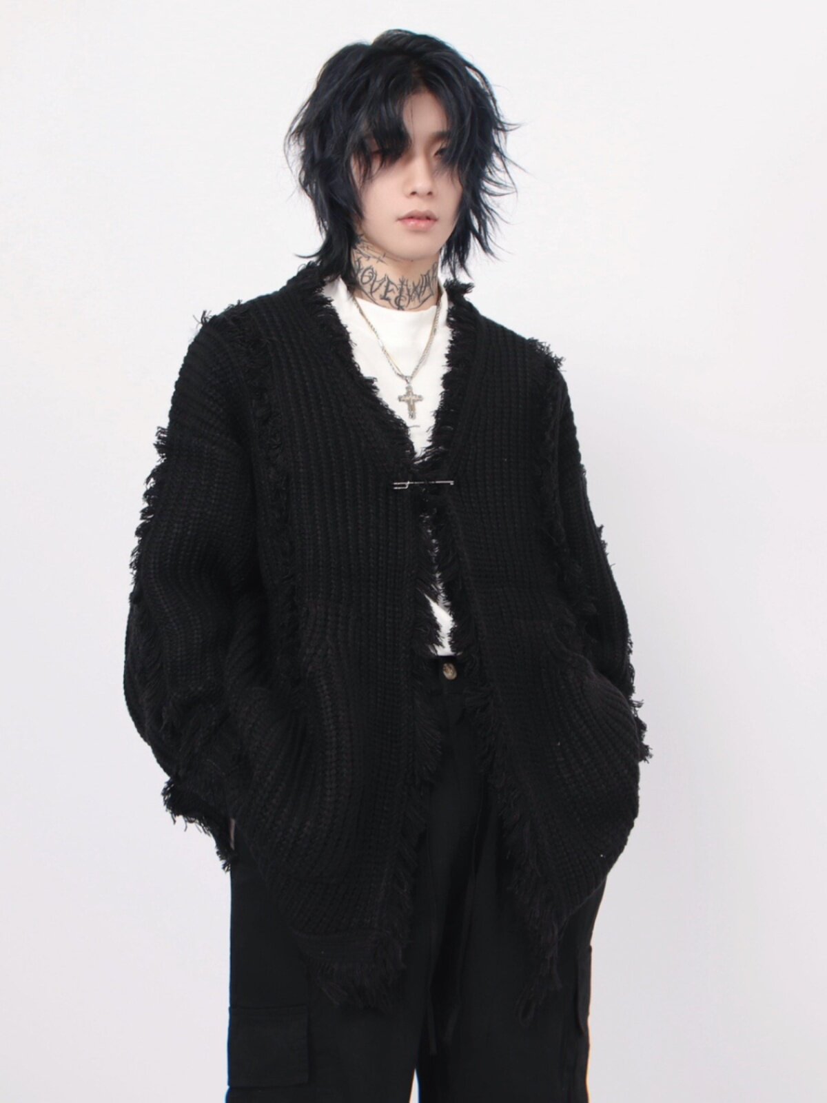 MZ NATIONAL FASHION RETRO DESIGN SENSE IRREGULAR TASSEL SWEATER CARDIGAN JACKET MENS AMERICAN STREET LAZY KNITWEAR