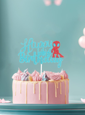 蓝色红色生日蛋糕装饰蜘蛛主题插牌生日快乐插件