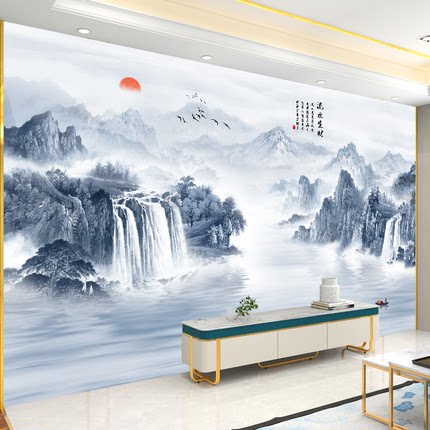 自粘墙贴画新中式山水画客厅沙发电视背景招财装饰画风景壁画贴纸