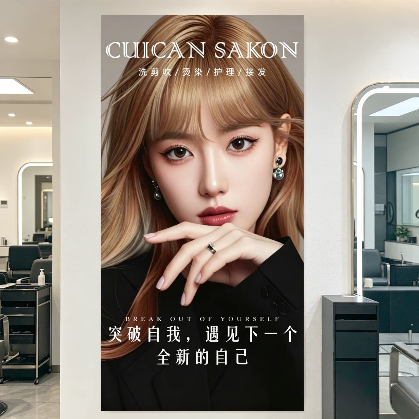 自粘墙贴画沙龙美发店理发店发型广告海报背景装饰发廊形象墙贴纸