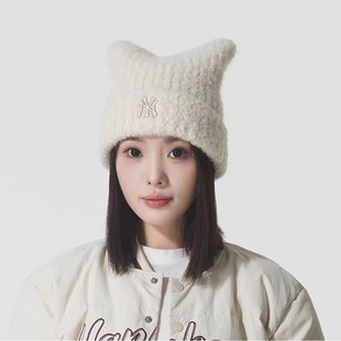 韩国MLB柳智敏同款 针织加厚保暖帽子3ABNB1156 猫耳朵毛线帽冬季