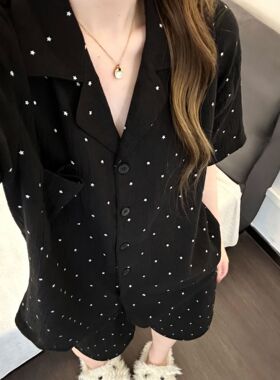 高级感纯棉纱云朵棉黑色星星睡衣女短袖短裤居家服夏天套装可外穿