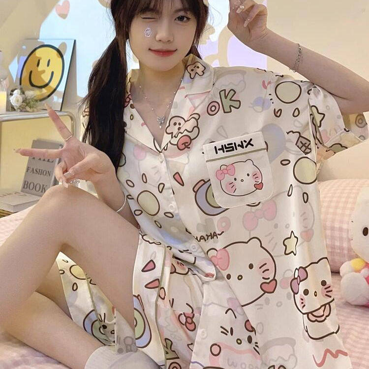 韩国GIOIO睡衣女款夏季真丝hellokitty可爱冰丝家居服套装夏天ins