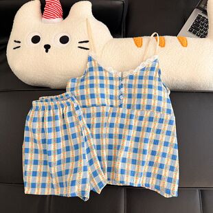 带胸垫纯棉吊带睡裙女款夏季网红风甜美蓝色格子夏天薄款睡衣裙子