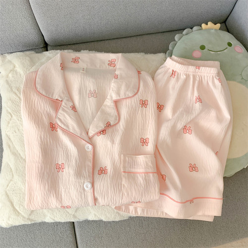 粉色蝴蝶结睡衣女款夏季云朵棉