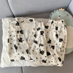 云朵棉短袖 夏季 短裤 套装 2025新款 卡通可爱黑猫家居服套装 睡衣女款