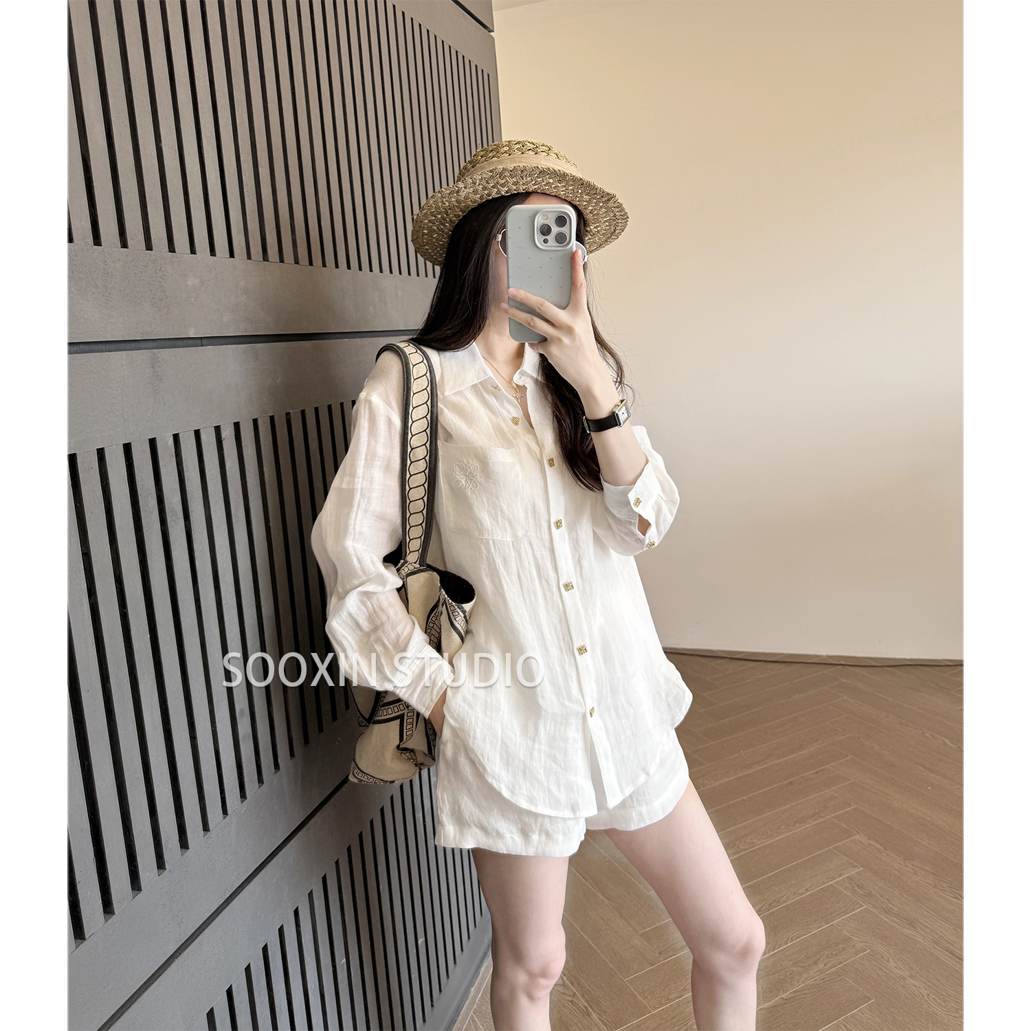 度假风苎麻口袋翻领衬衫女夏新款